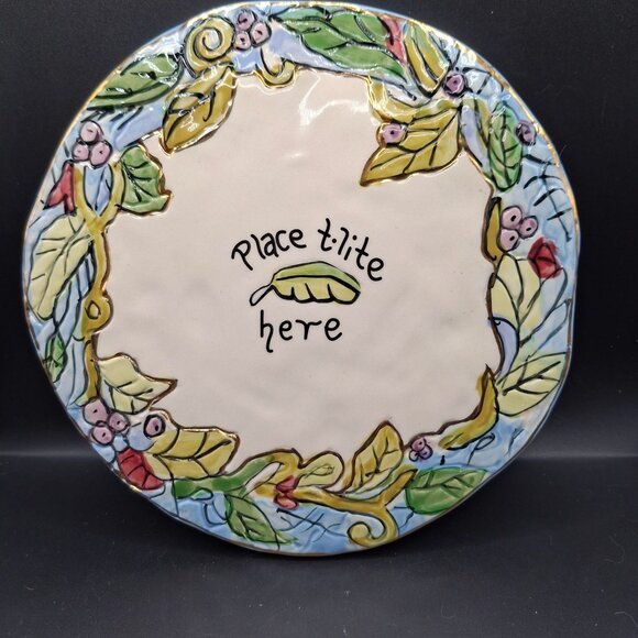 Hand-Painted Blue Sky Ceramic Tea Light Holder Plate Floral & Leaf Design 2003 - Picture 1 of 5